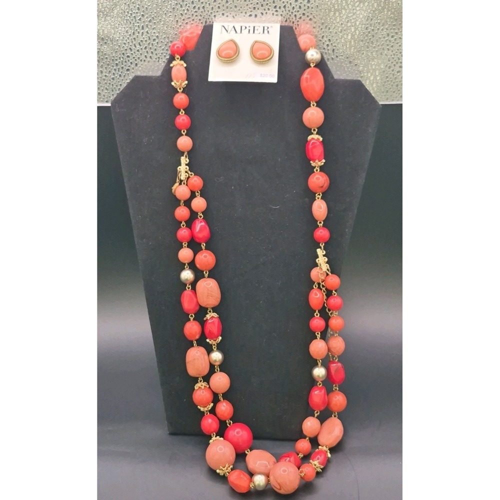 Erica Lyons Peach Dk Orange GT Filigree Spacer Necklace 34" Napier Earrings Set